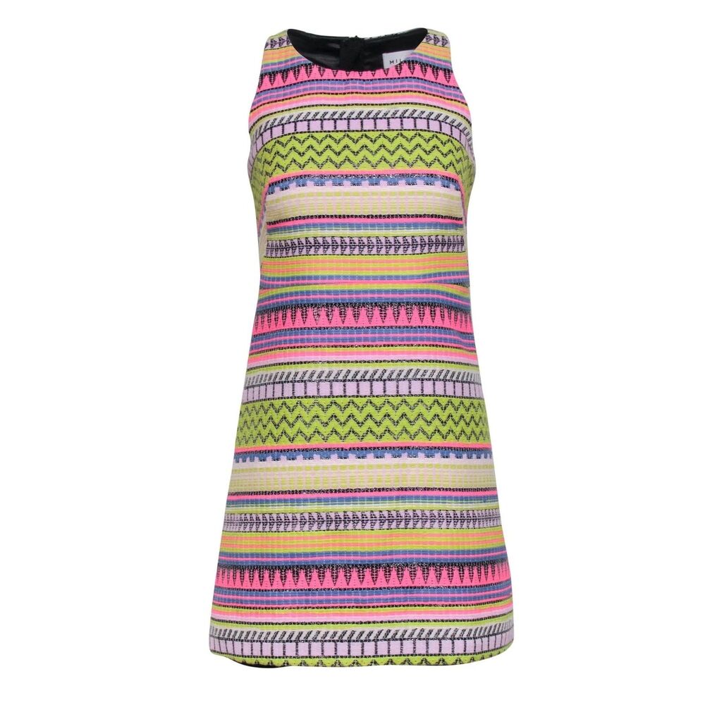 Milly Women's NEON Striped Woven Raw Edge Fit and Flare Dress Sz S